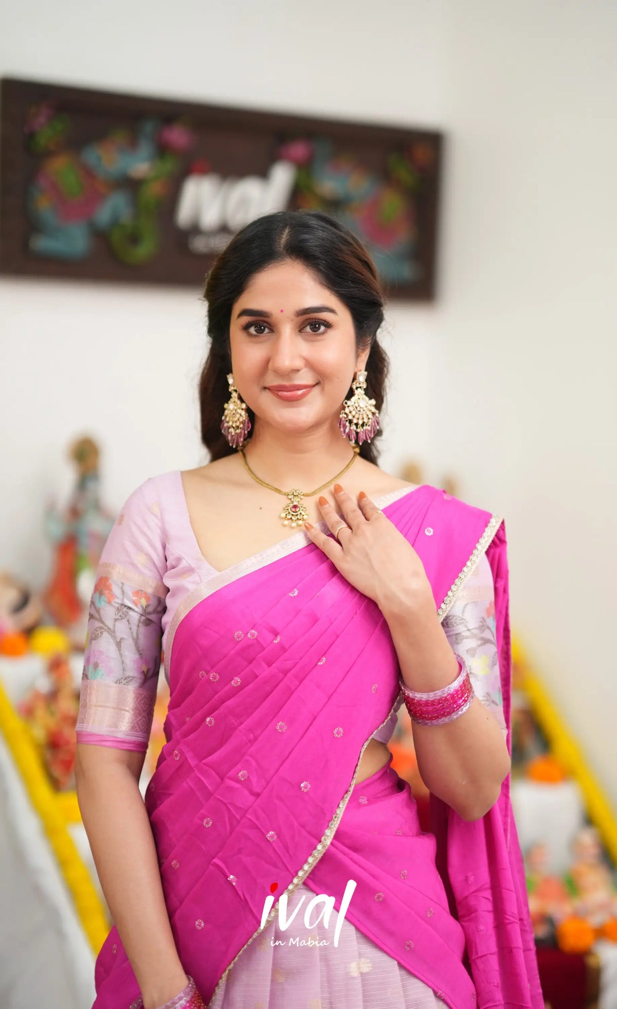 Sayuri Kota Halfsaree - Lavender and Hot Pink - Half Sarees