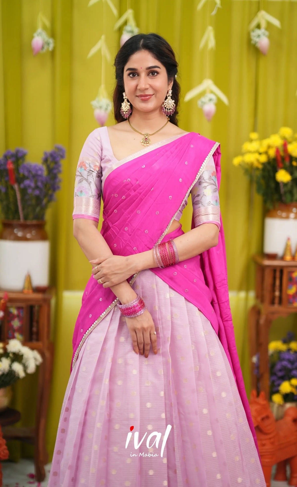 Sayuri Kota Halfsaree - Lavender and Hot Pink - Half Sarees