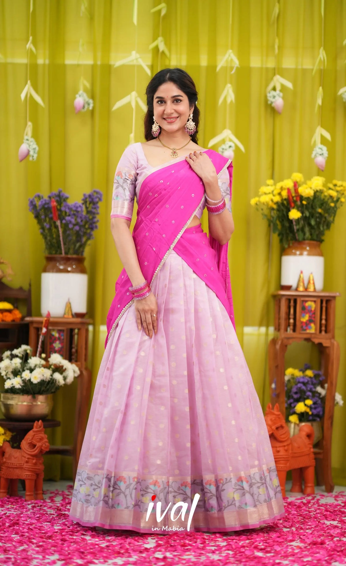 Sayuri Kota Halfsaree - Lavender and Hot Pink - Half Sarees