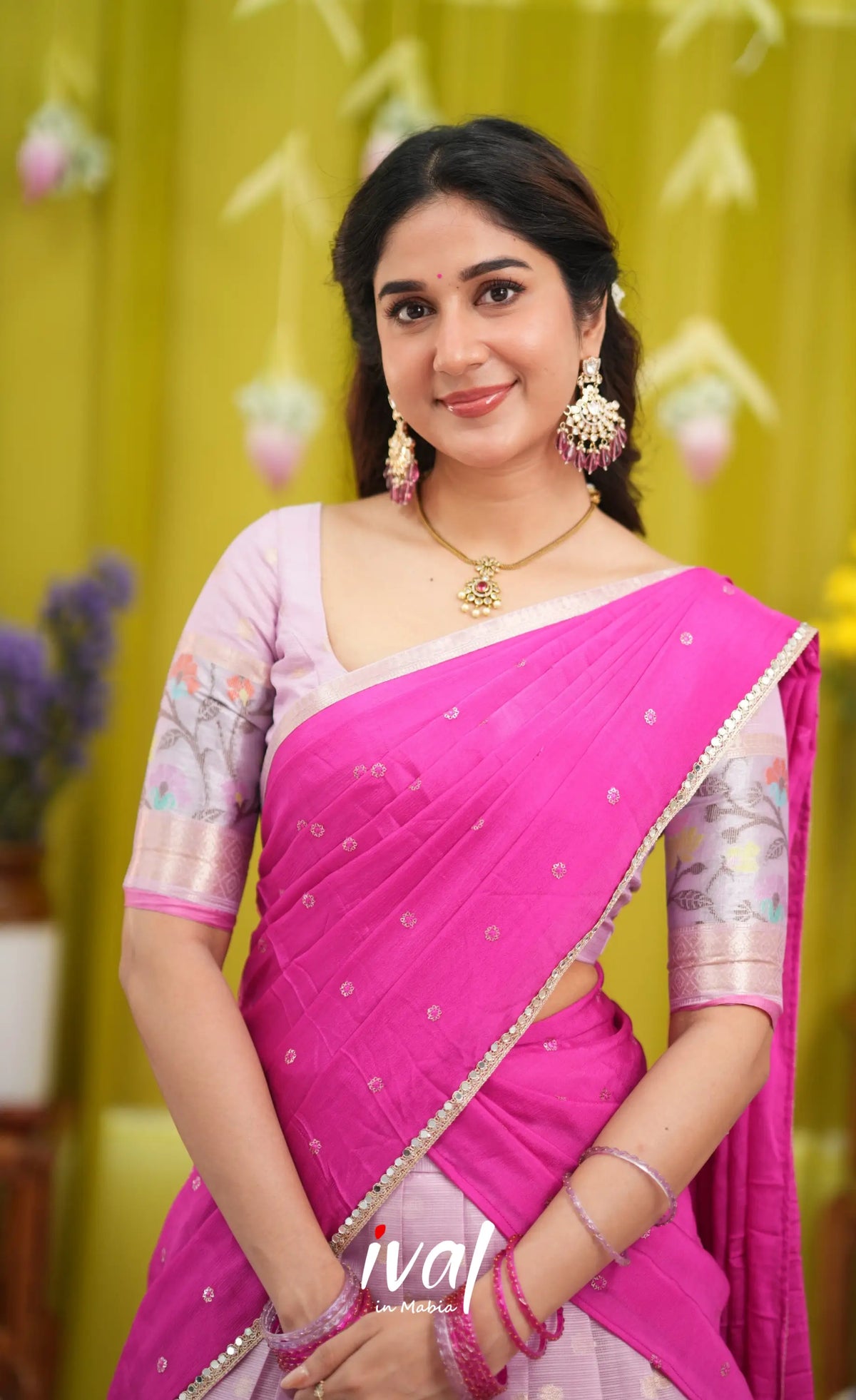 Sayuri Kota Halfsaree - Lavender and Hot Pink - Half Sarees
