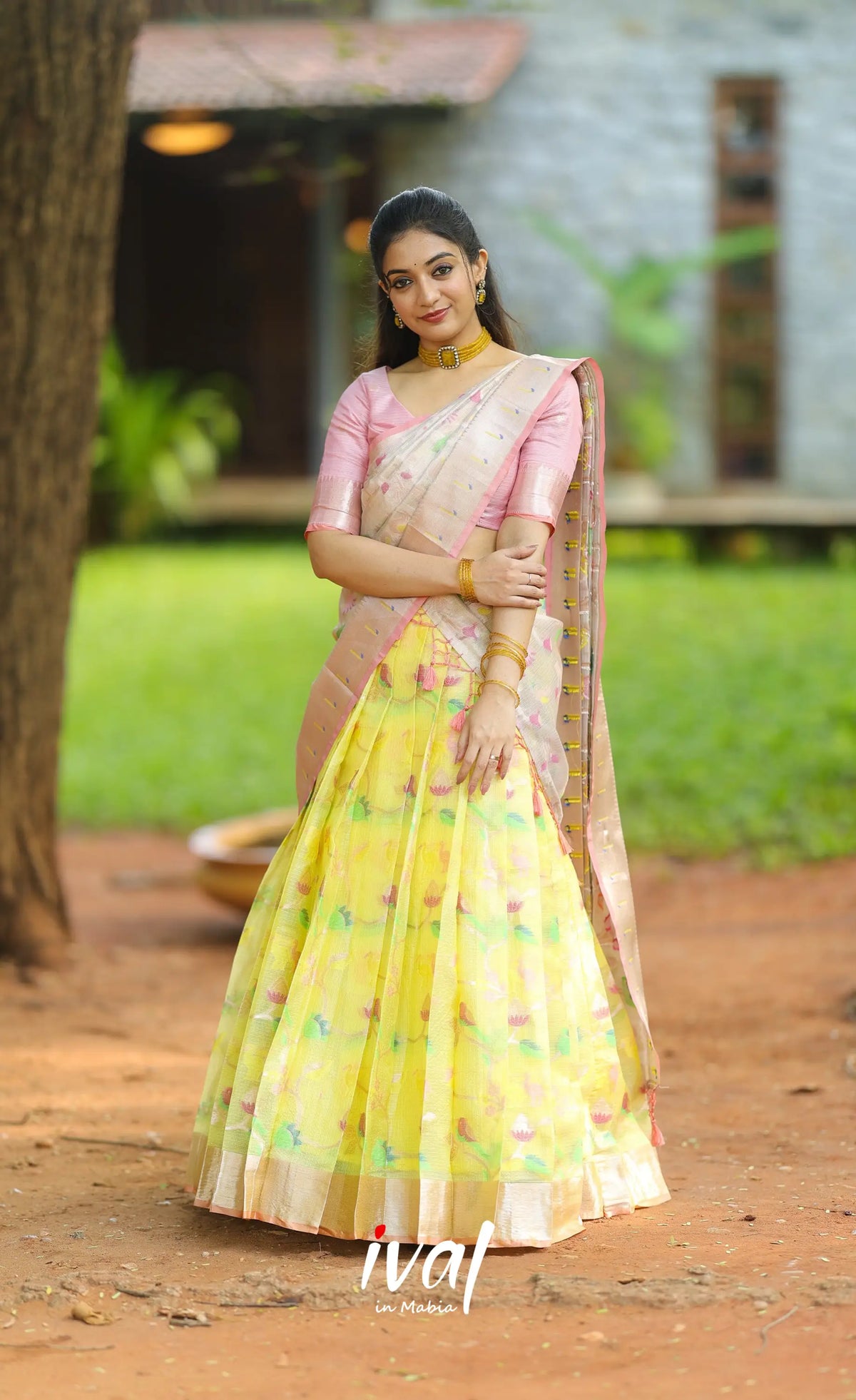 Sayuri Kota Halfsaree - Light yellow and Pastel pink - Half Sarees