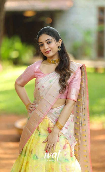 Sayuri Kota Halfsaree - Light yellow and Pastel pink - Half Sarees