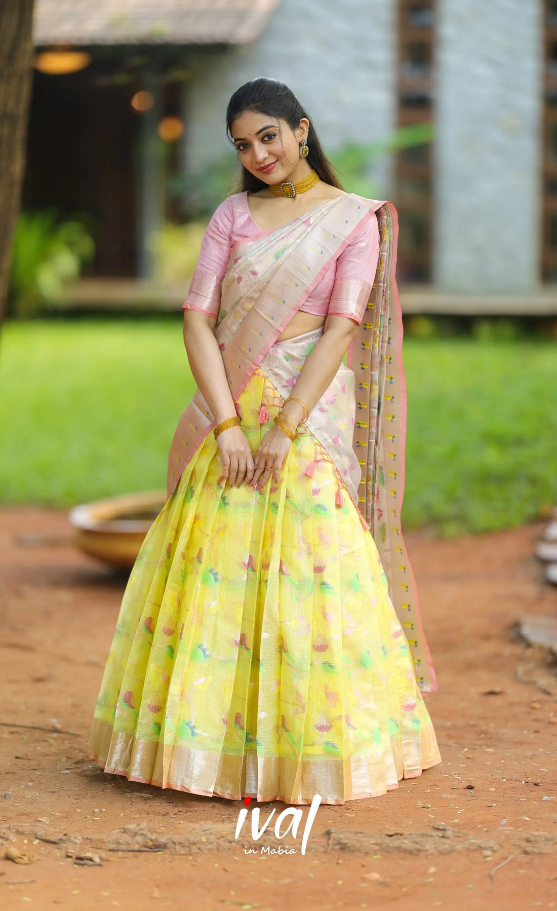 Sayuri Kota Halfsaree - Light yellow and Pastel pink - Half Sarees