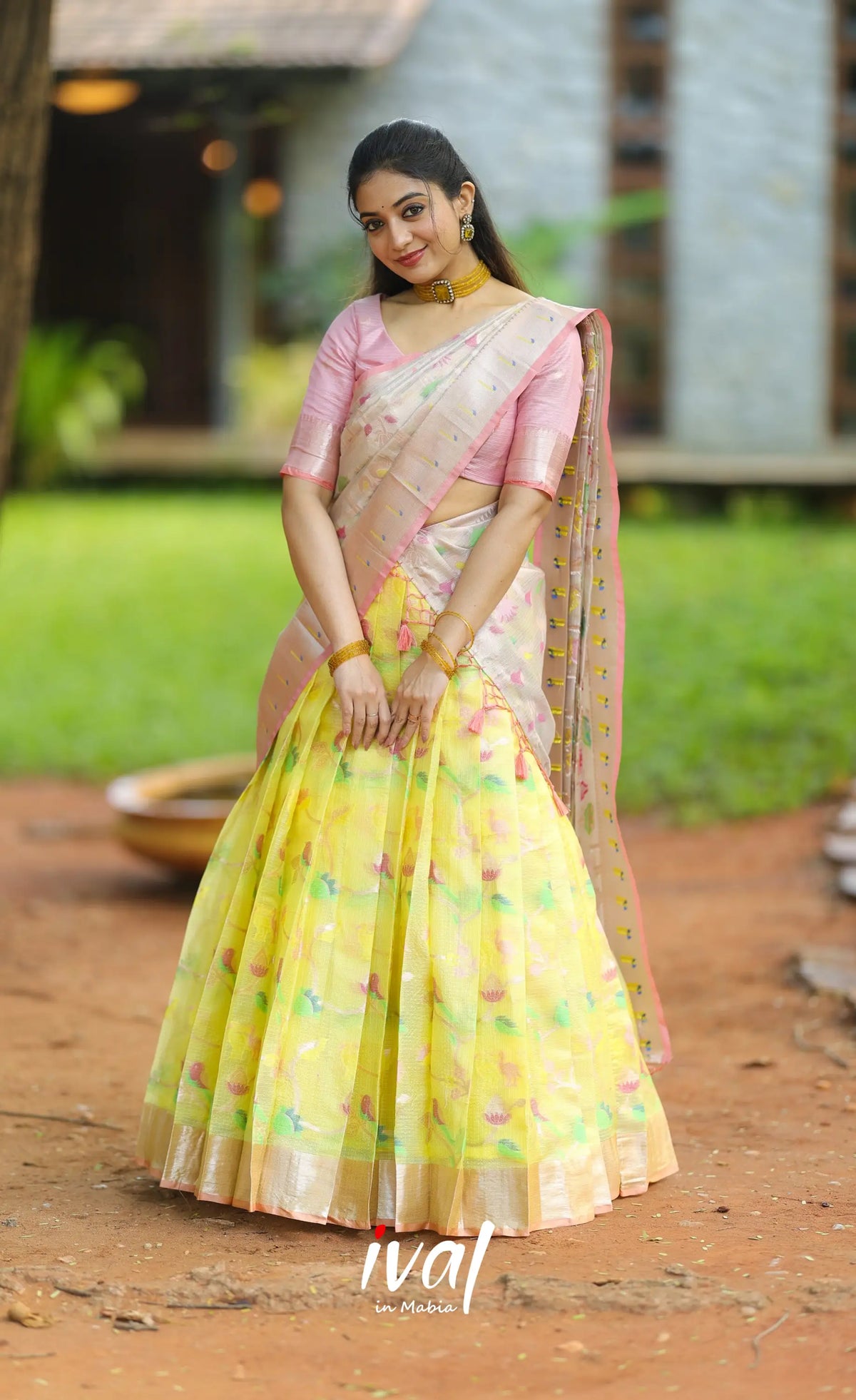 Sayuri Kota Halfsaree - Light yellow and Pastel pink - Half Sarees