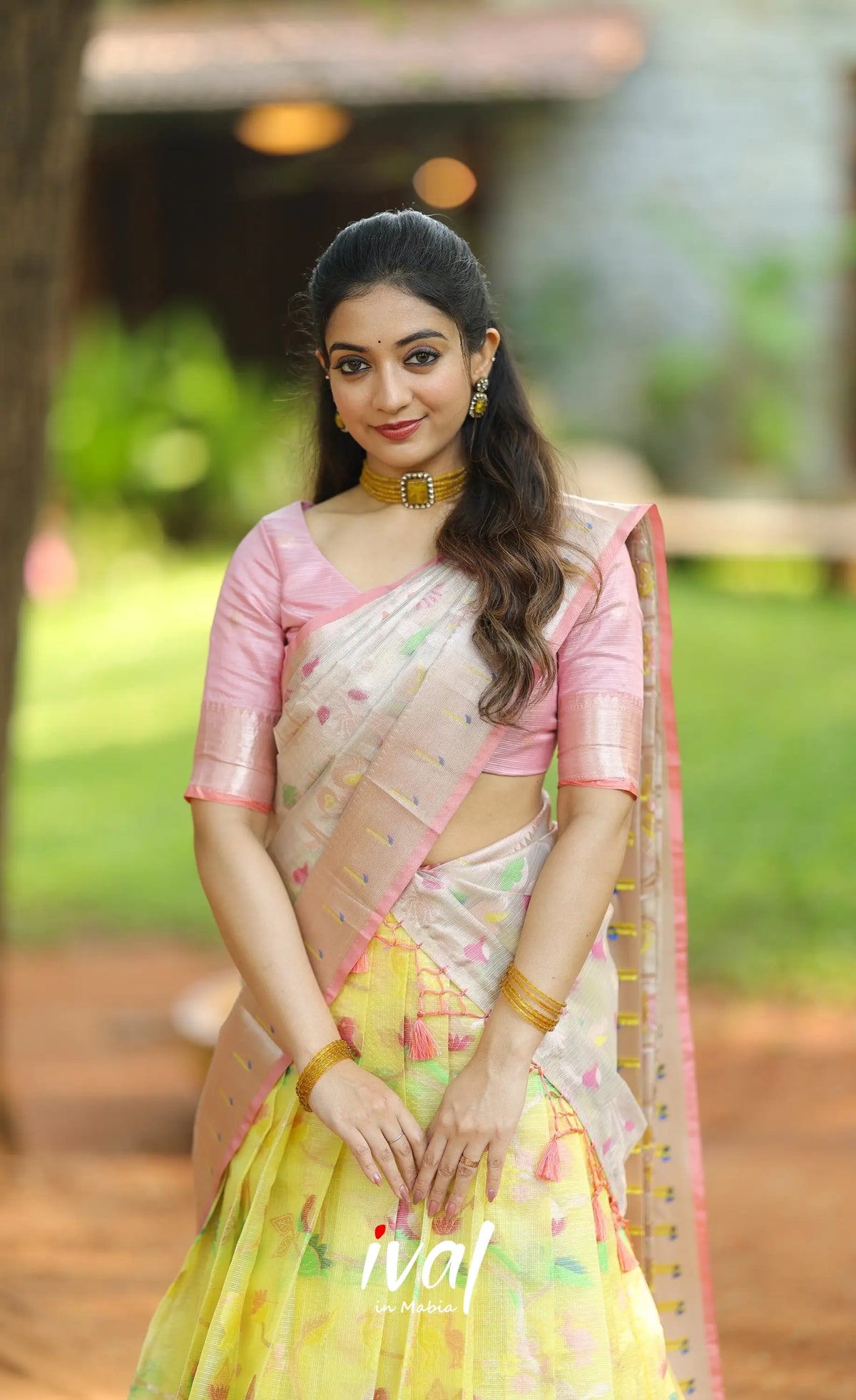 Sayuri Kota Halfsaree - Light yellow and Pastel pink - Half Sarees