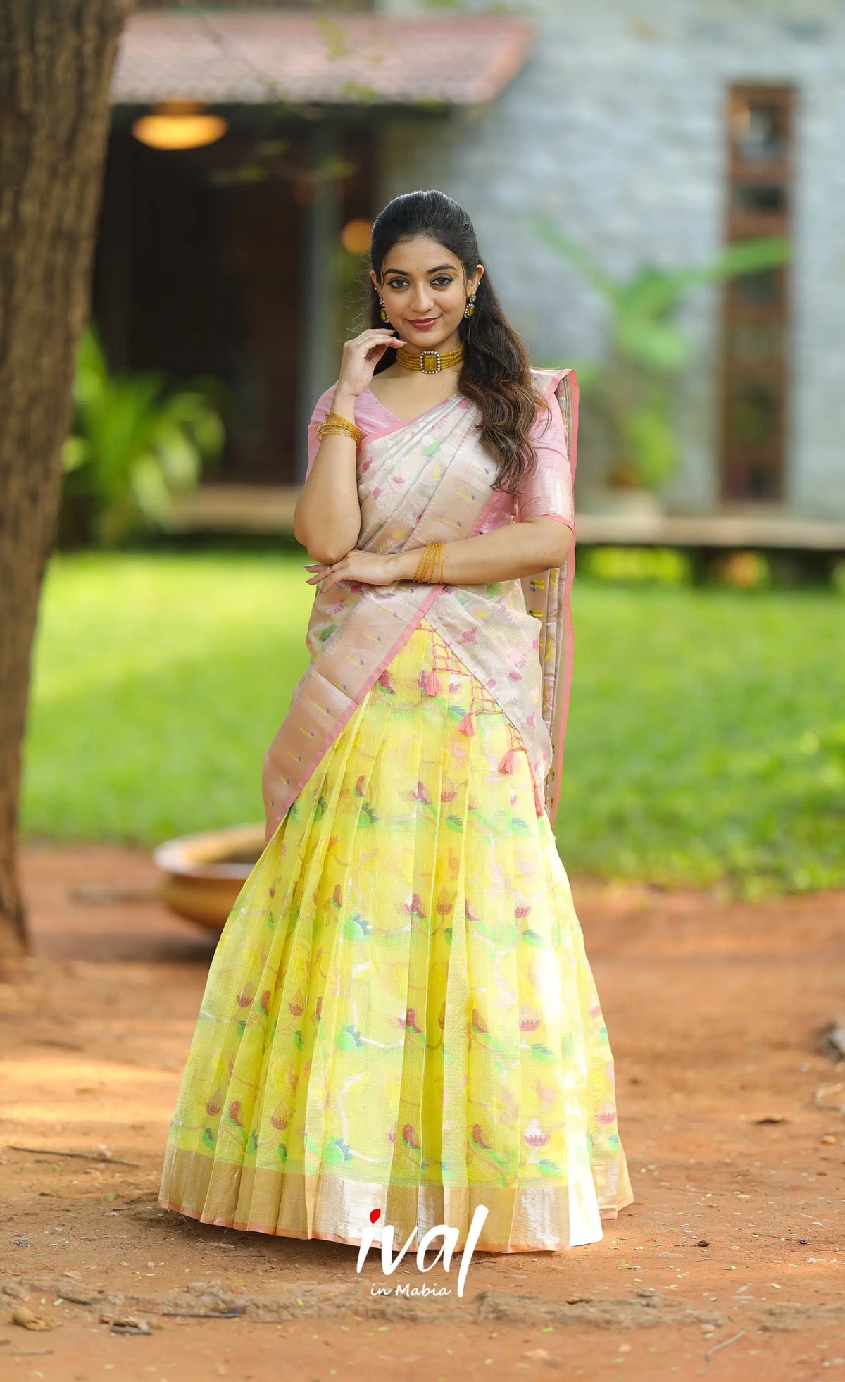 Sayuri Kota Halfsaree - Light yellow and Pastel pink - Half Sarees