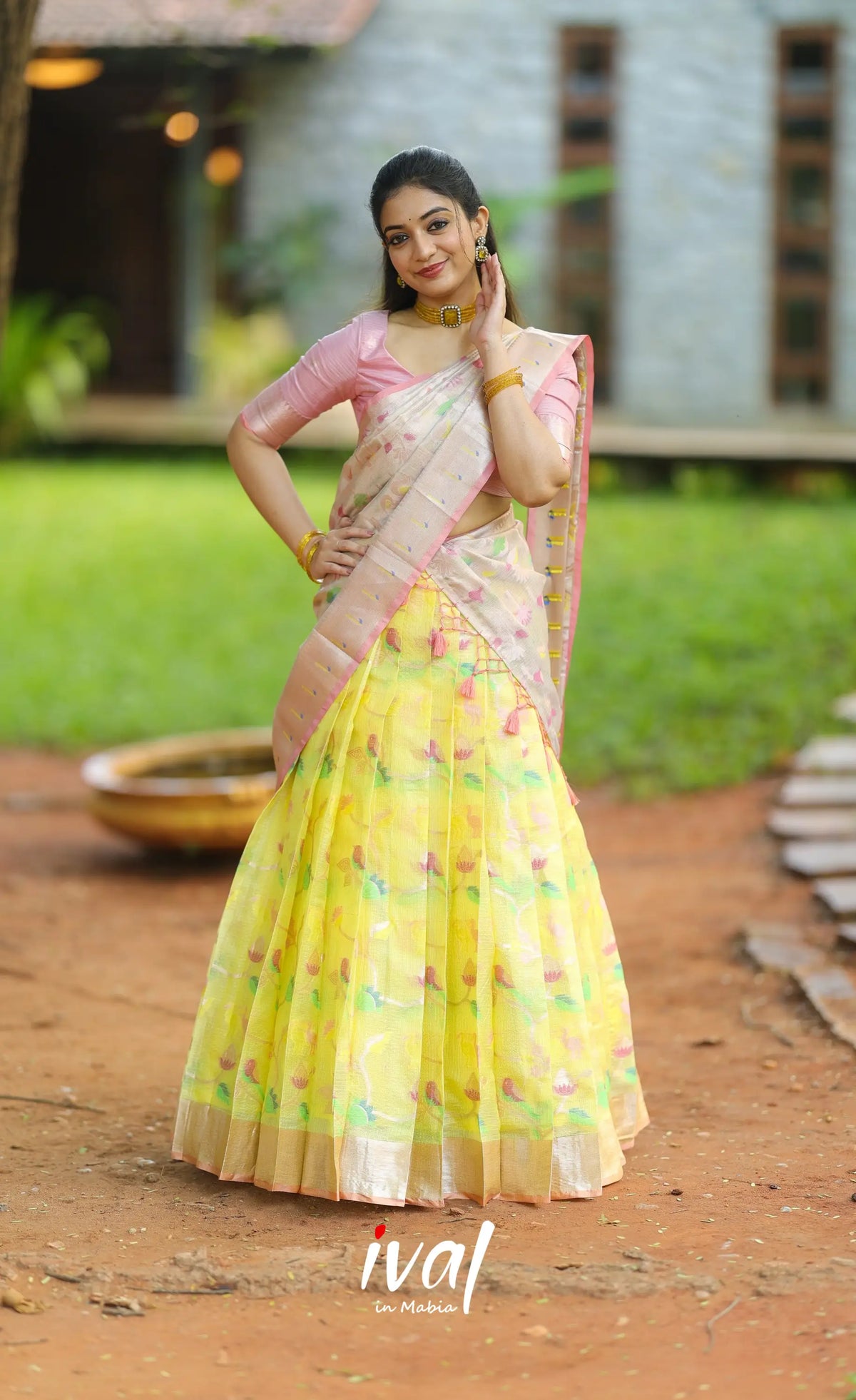 Sayuri Kota Halfsaree - Light yellow and Pastel pink - Half Sarees