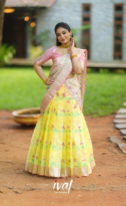 Sayuri Kota Halfsaree - Light yellow and Pastel pink - Half Sarees