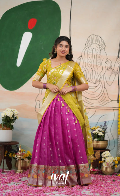 Sayuri Kota Halfsaree - Magenta Pink and Henna Green - Half Sarees