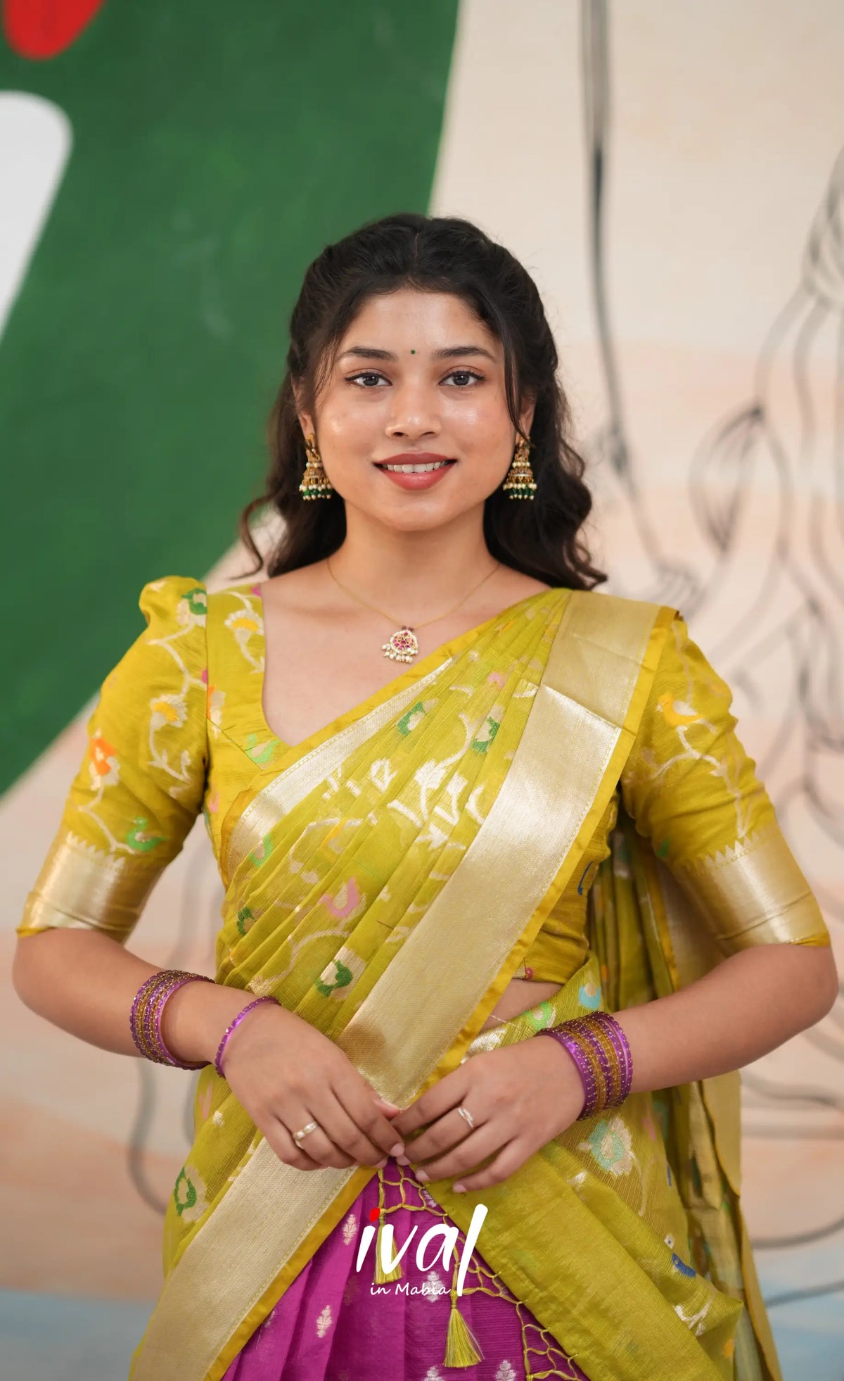 Sayuri Kota Halfsaree - Magenta Pink and Henna Green - Half Sarees