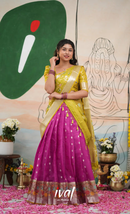 Sayuri Kota Halfsaree - Magenta Pink and Henna Green - Half Sarees