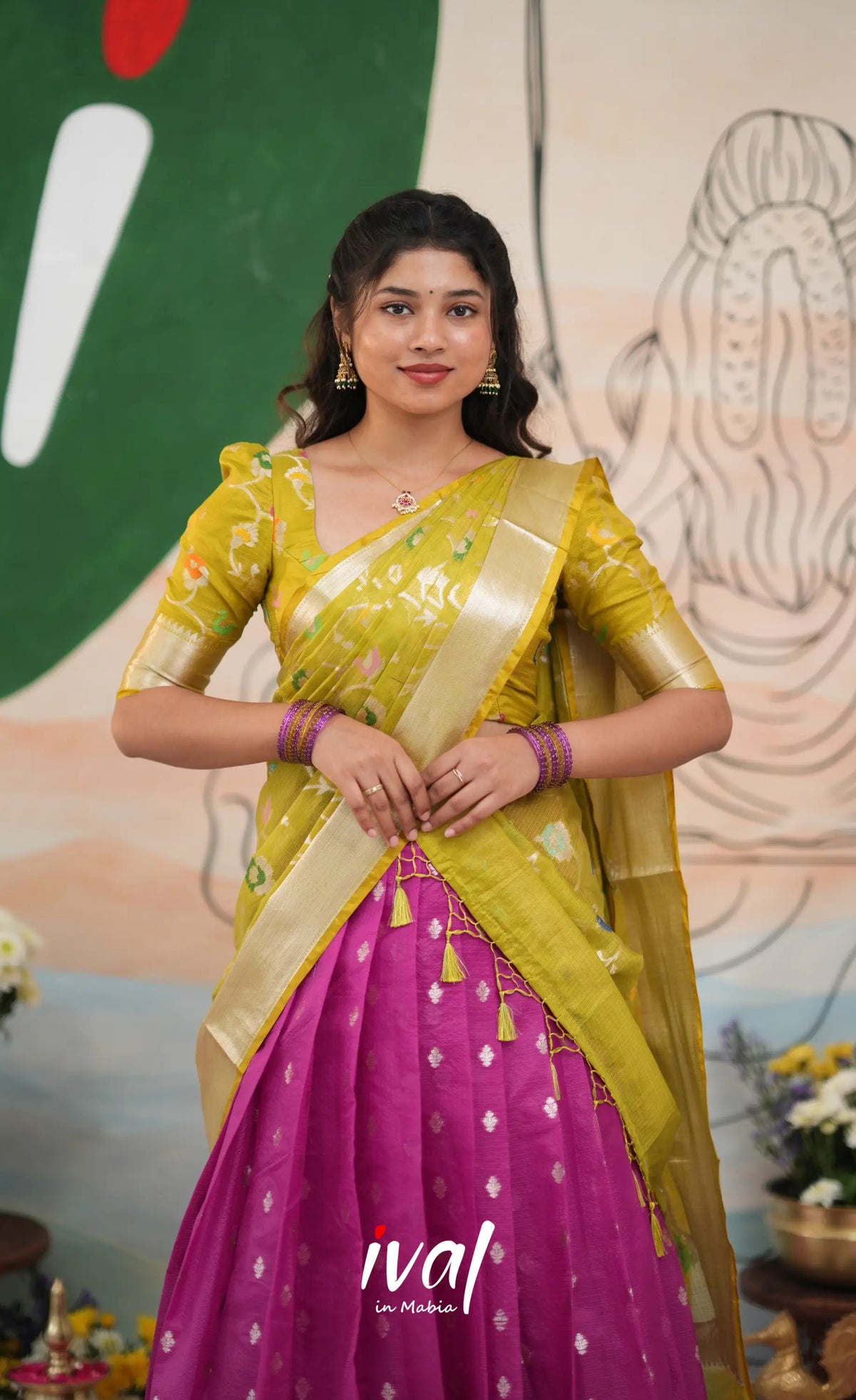 Sayuri Kota Halfsaree - Magenta Pink and Henna Green - Half Sarees
