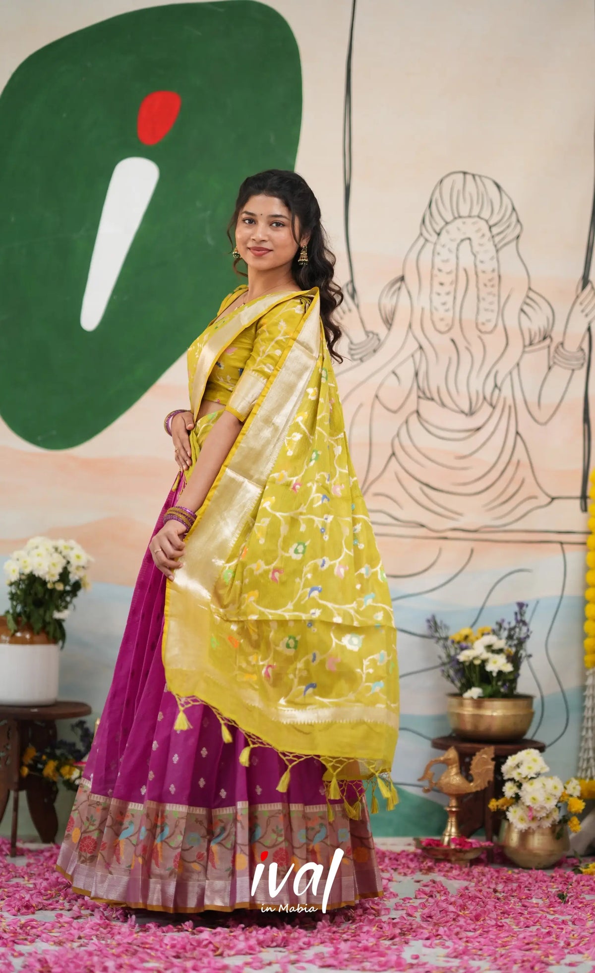 Sayuri Kota Halfsaree - Magenta Pink and Henna Green - Half Sarees
