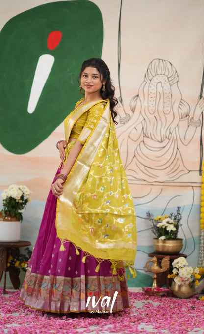 Sayuri Kota Halfsaree - Magenta Pink and Henna Green - Half Sarees