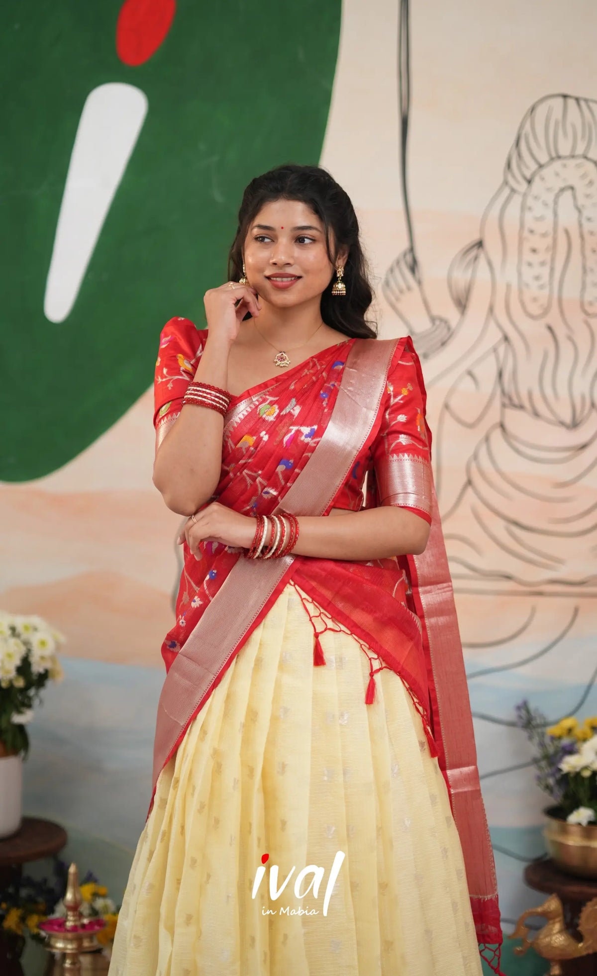 Sayuri Kota Halfsaree - Off White and Red - Half Sarees