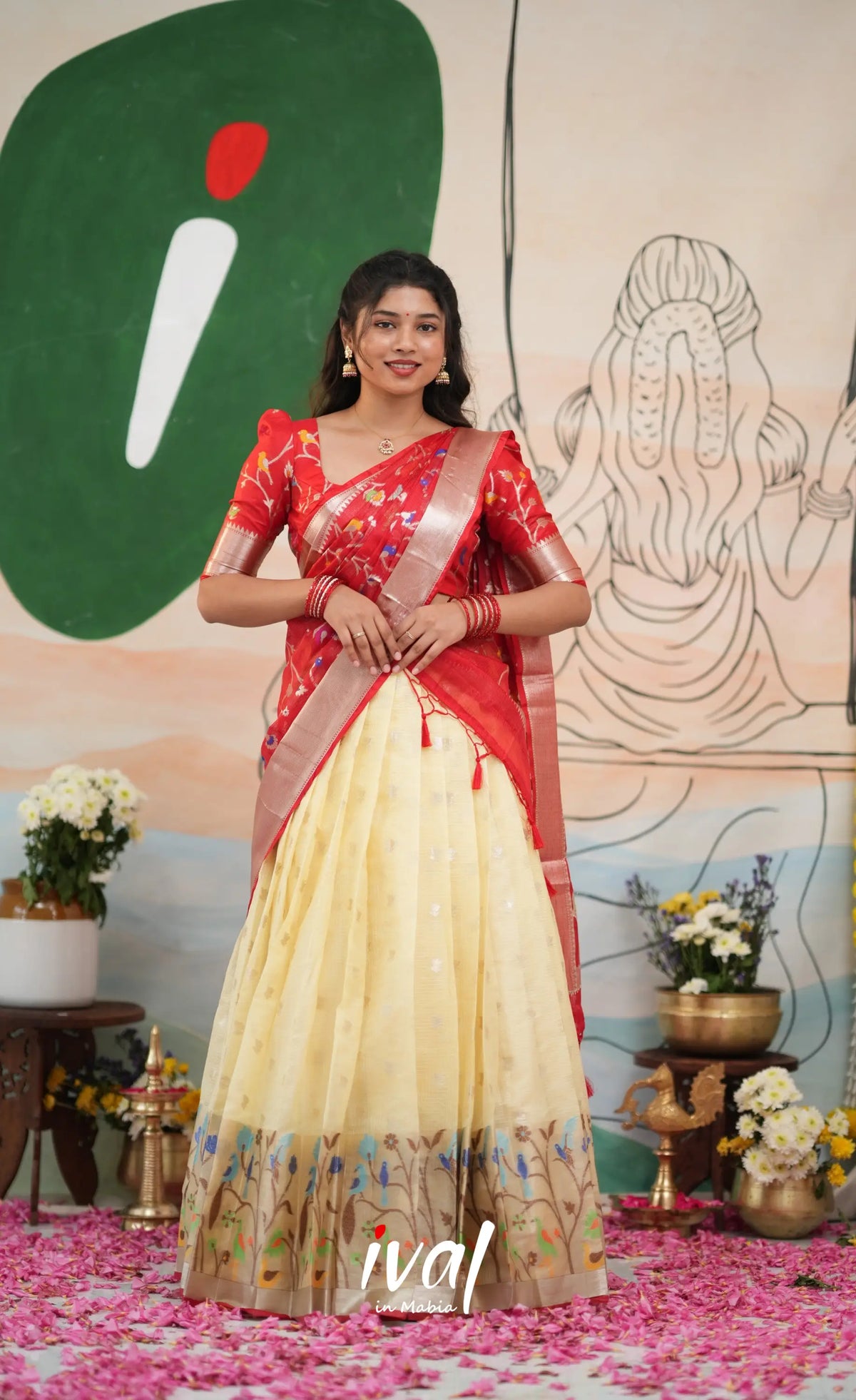 Sayuri Kota Halfsaree - Off White and Red - Half Sarees