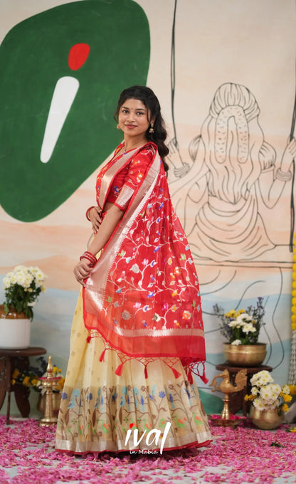 Sayuri Kota Halfsaree - Off White and Red - Half Sarees