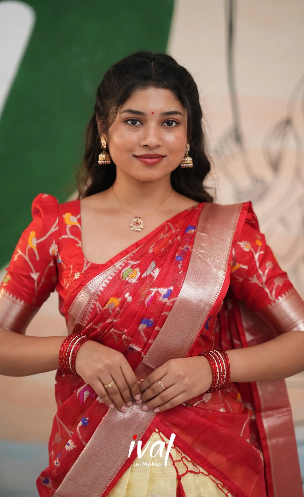 Sayuri Kota Halfsaree - Off White and Red - Half Sarees