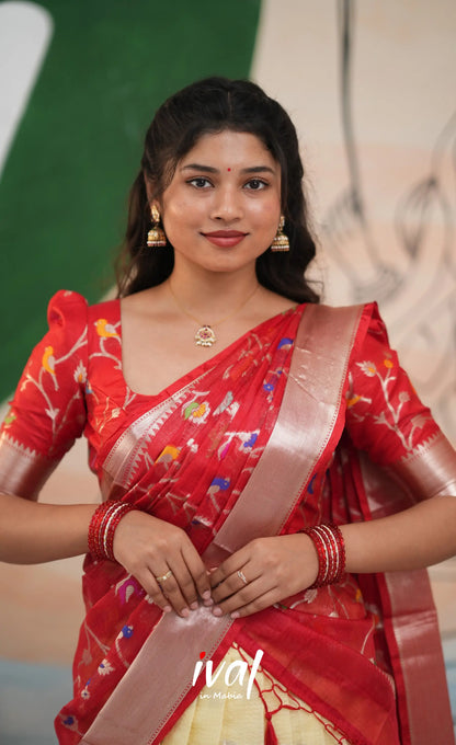 Sayuri Kota Halfsaree - Off White and Red - Half Sarees