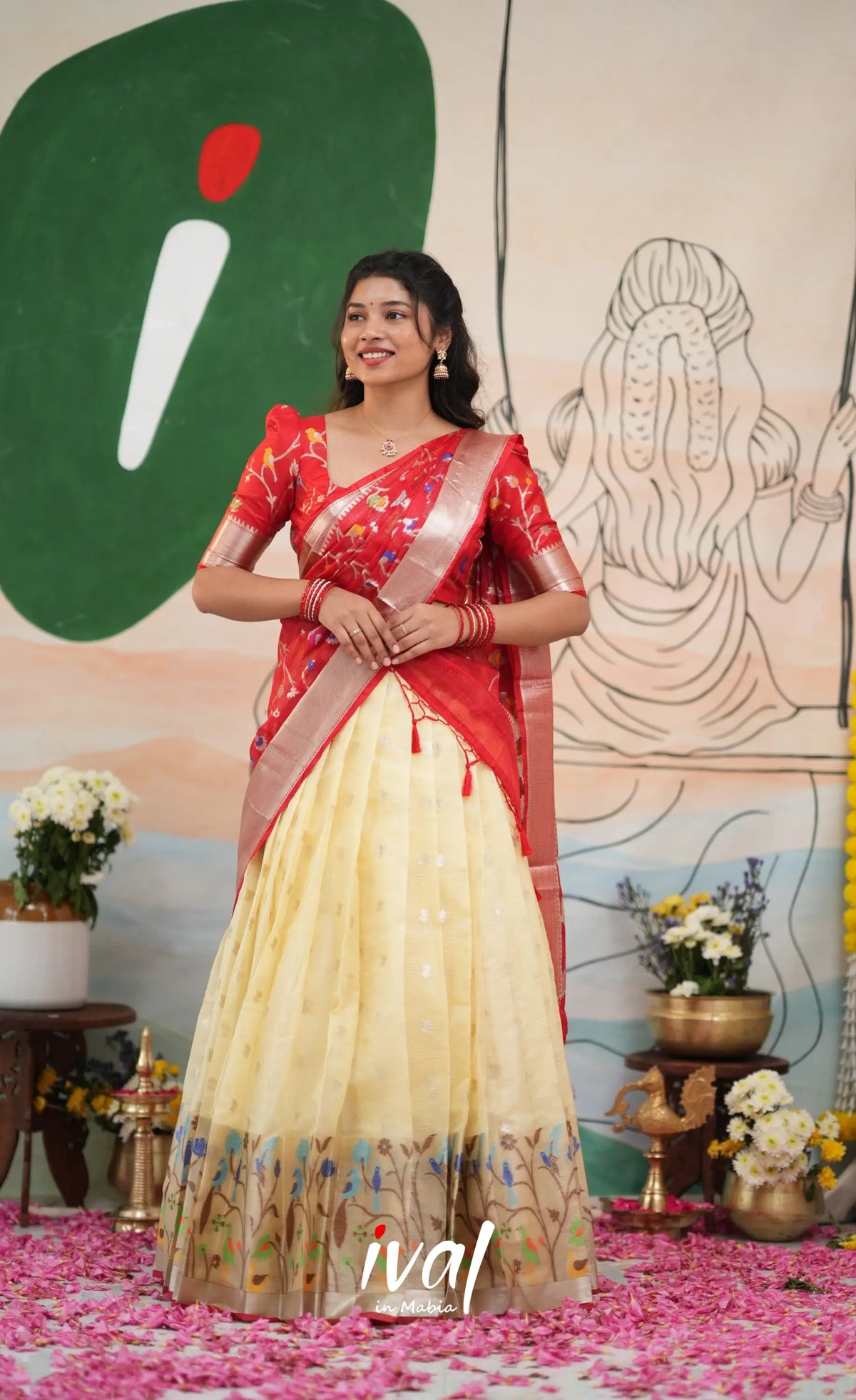 Sayuri Kota Halfsaree - Off White and Red - Half Sarees