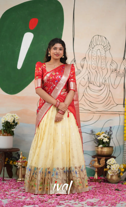Sayuri Kota Halfsaree - Off White and Red - Half Sarees