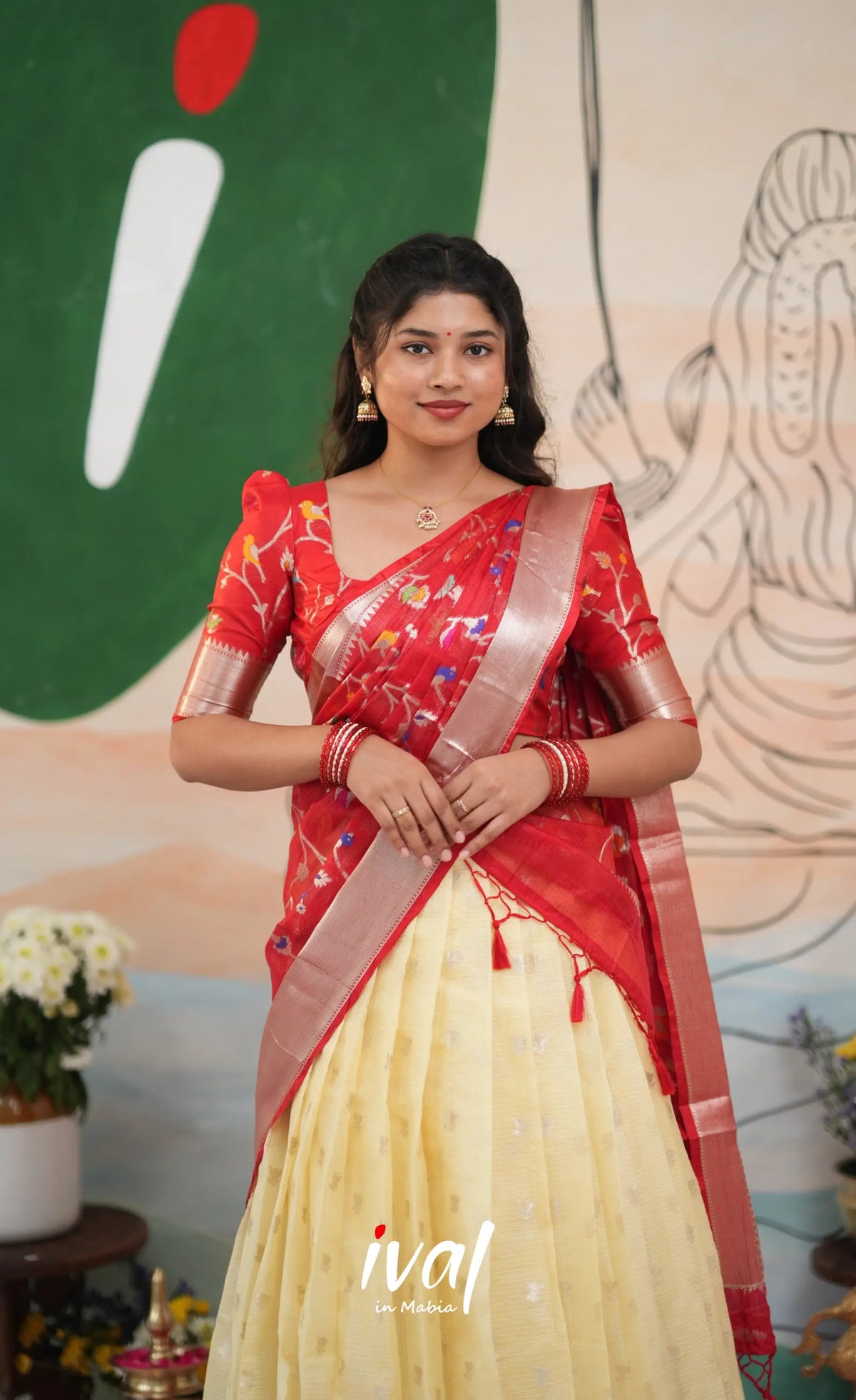Sayuri Kota Halfsaree - Off White and Red - Half Sarees