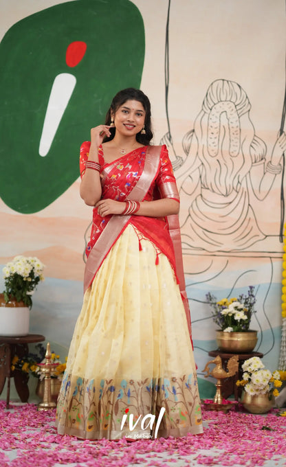 Sayuri Kota Halfsaree - Off White and Red - Half Sarees