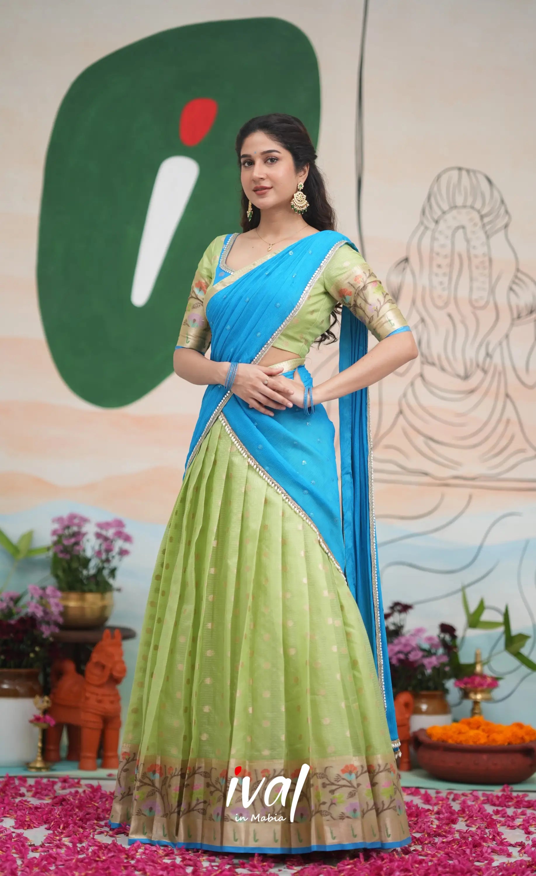Sayuri Kota Halfsaree - Pastel Green and Sky Blue Half Sarees