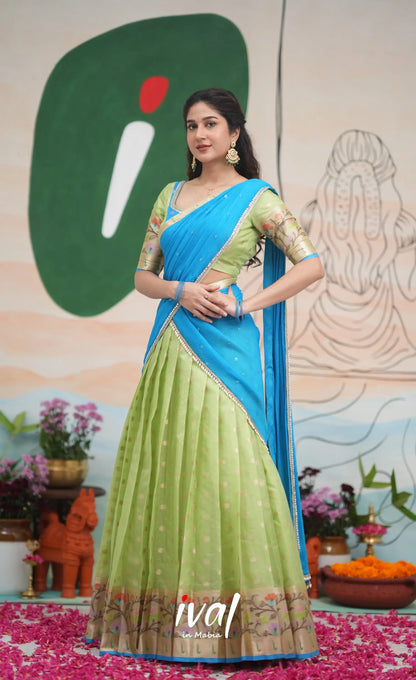 Sayuri Kota Halfsaree - Pastel Green and Sky Blue Half Sarees