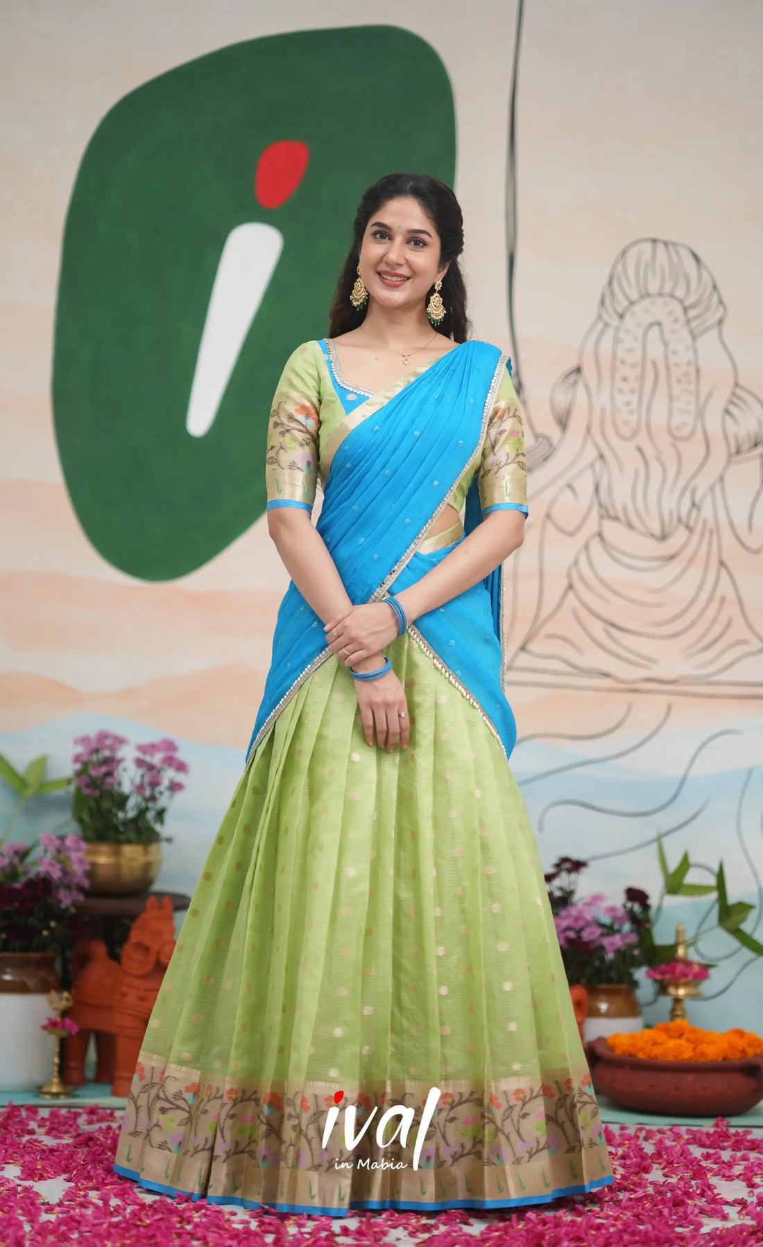 Sayuri Kota Halfsaree - Pastel Green and Sky Blue Half Sarees