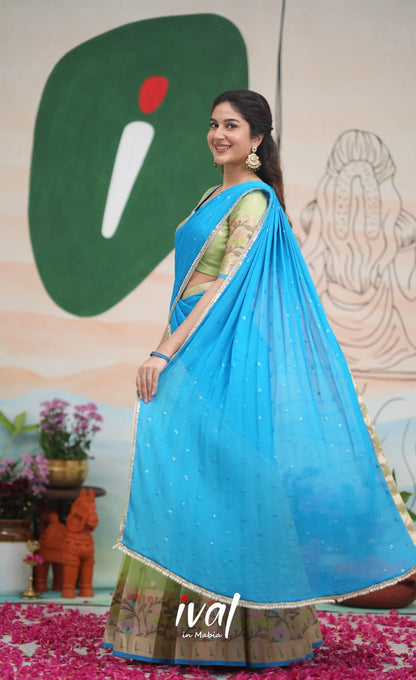 Sayuri Kota Halfsaree - Pastel Green and Sky Blue Half Sarees
