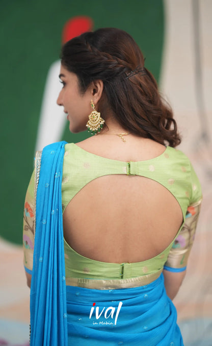 Sayuri Kota Halfsaree - Pastel Green and Sky Blue Half Sarees