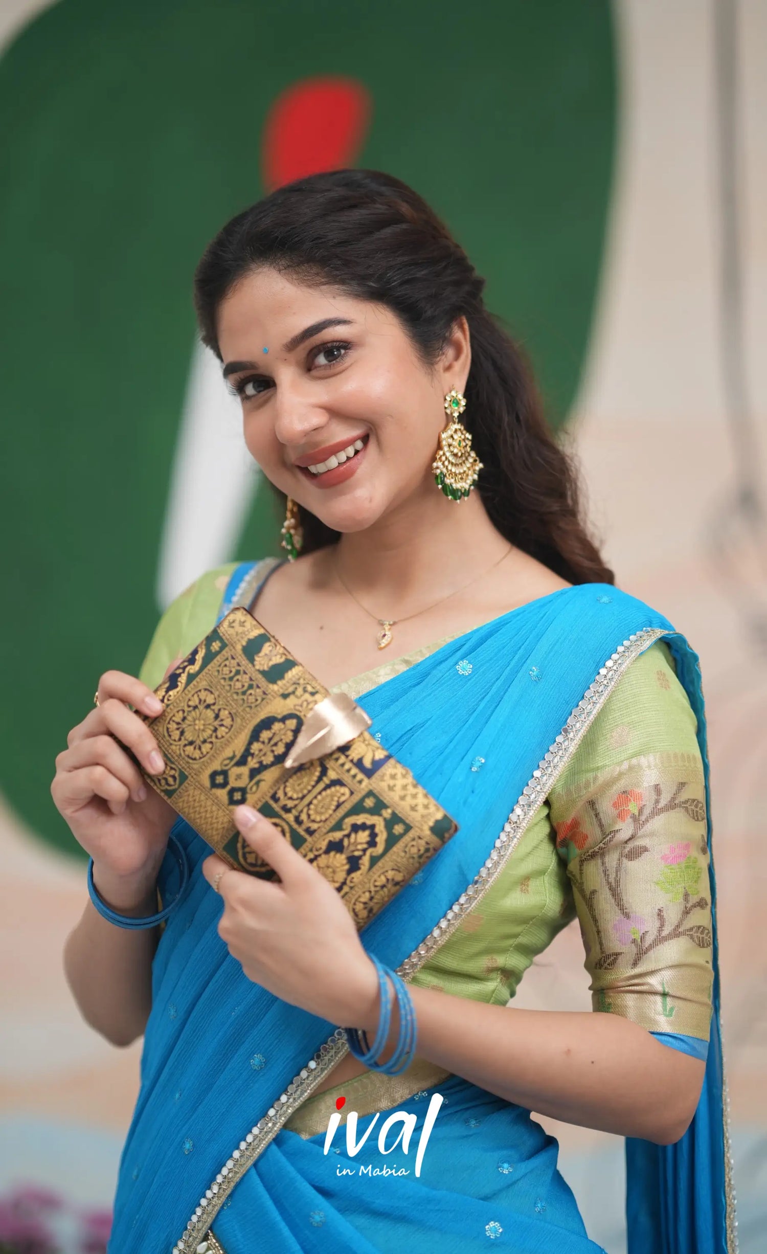 Sayuri Kota Halfsaree - Pastel Green and Sky Blue Half Sarees