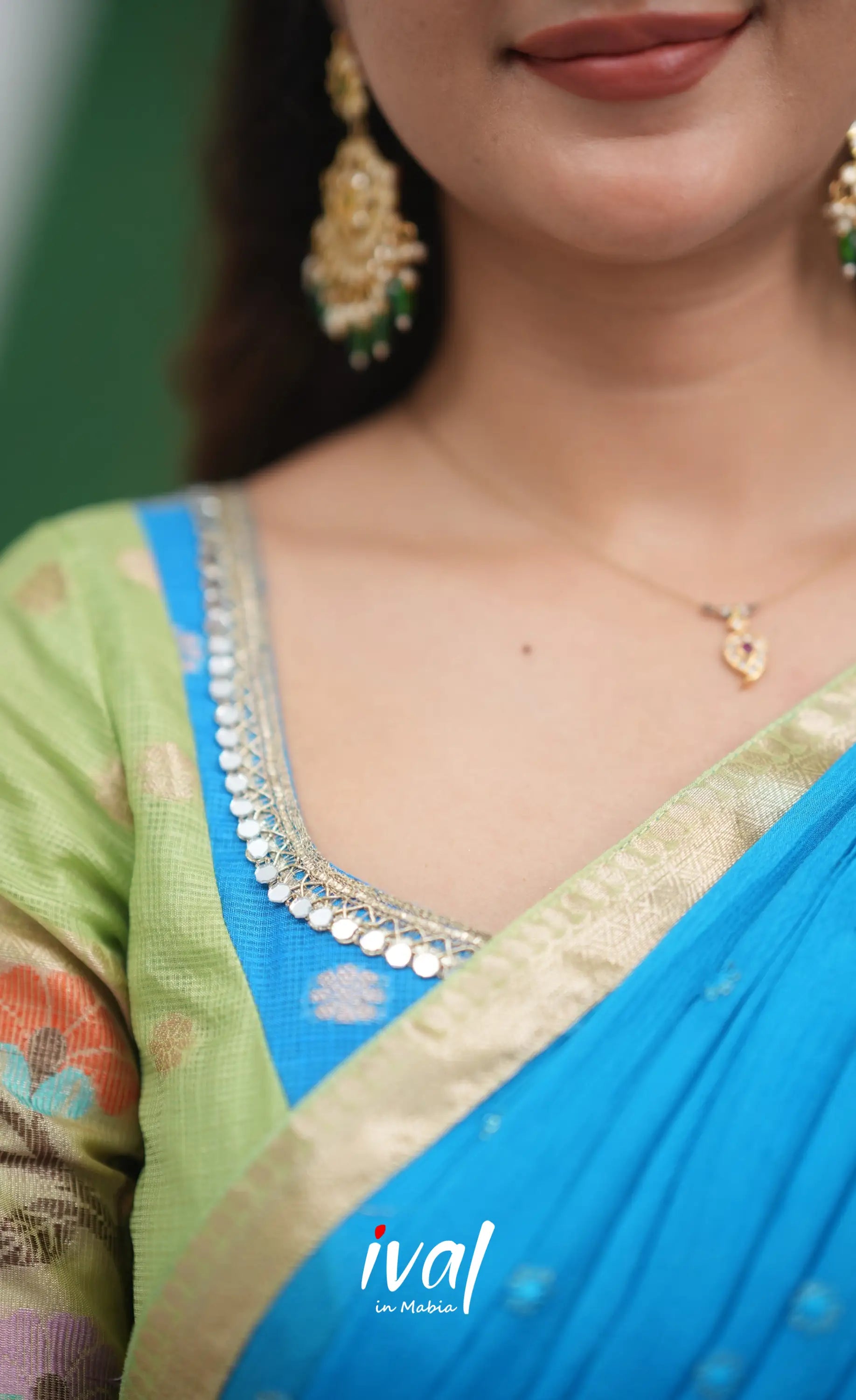 Sayuri Kota Halfsaree - Pastel Green and Sky Blue Half Sarees