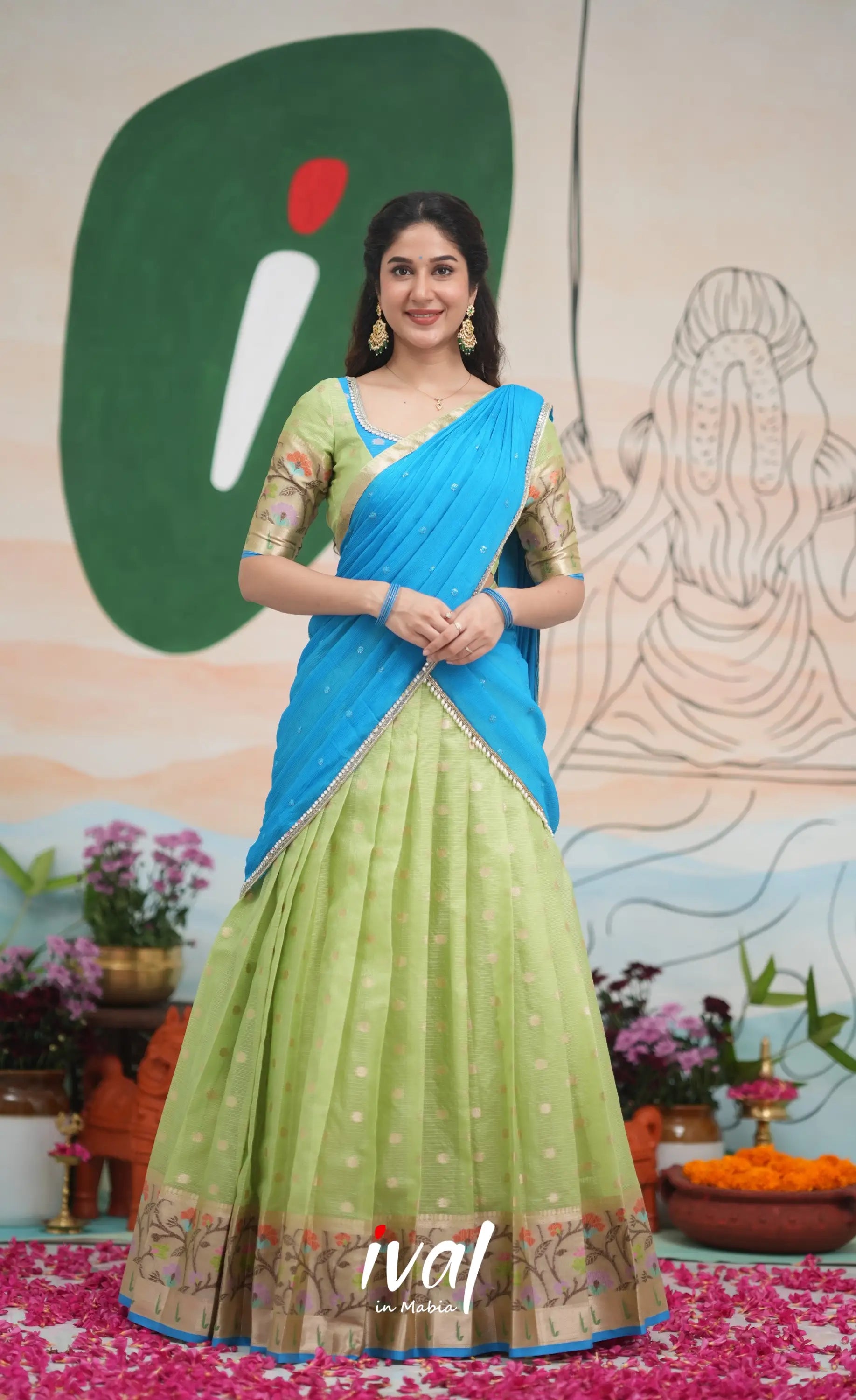 Sayuri Kota Halfsaree - Pastel Green and Sky Blue Half Sarees