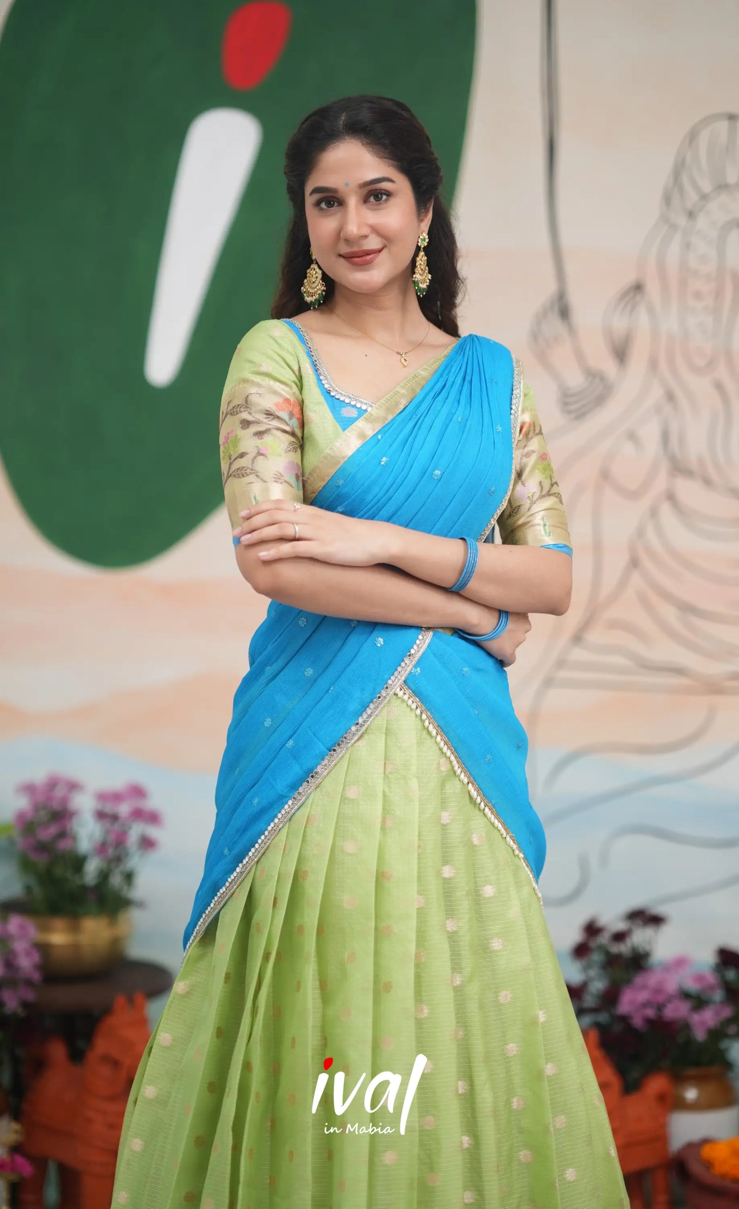 Sayuri Kota Halfsaree - Pastel Green and Sky Blue Half Sarees