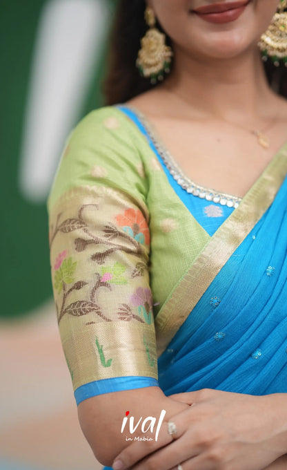 Sayuri Kota Halfsaree - Pastel Green and Sky Blue Half Sarees