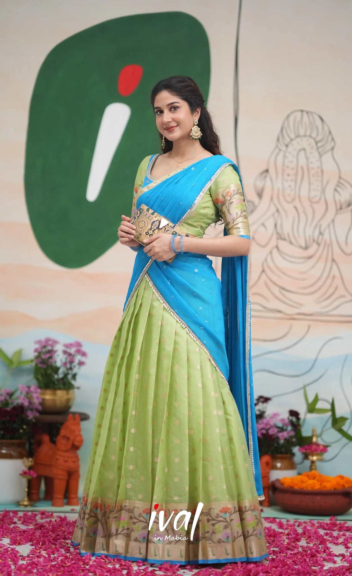 Sayuri Kota Halfsaree - Pastel Green and Sky Blue Half Sarees