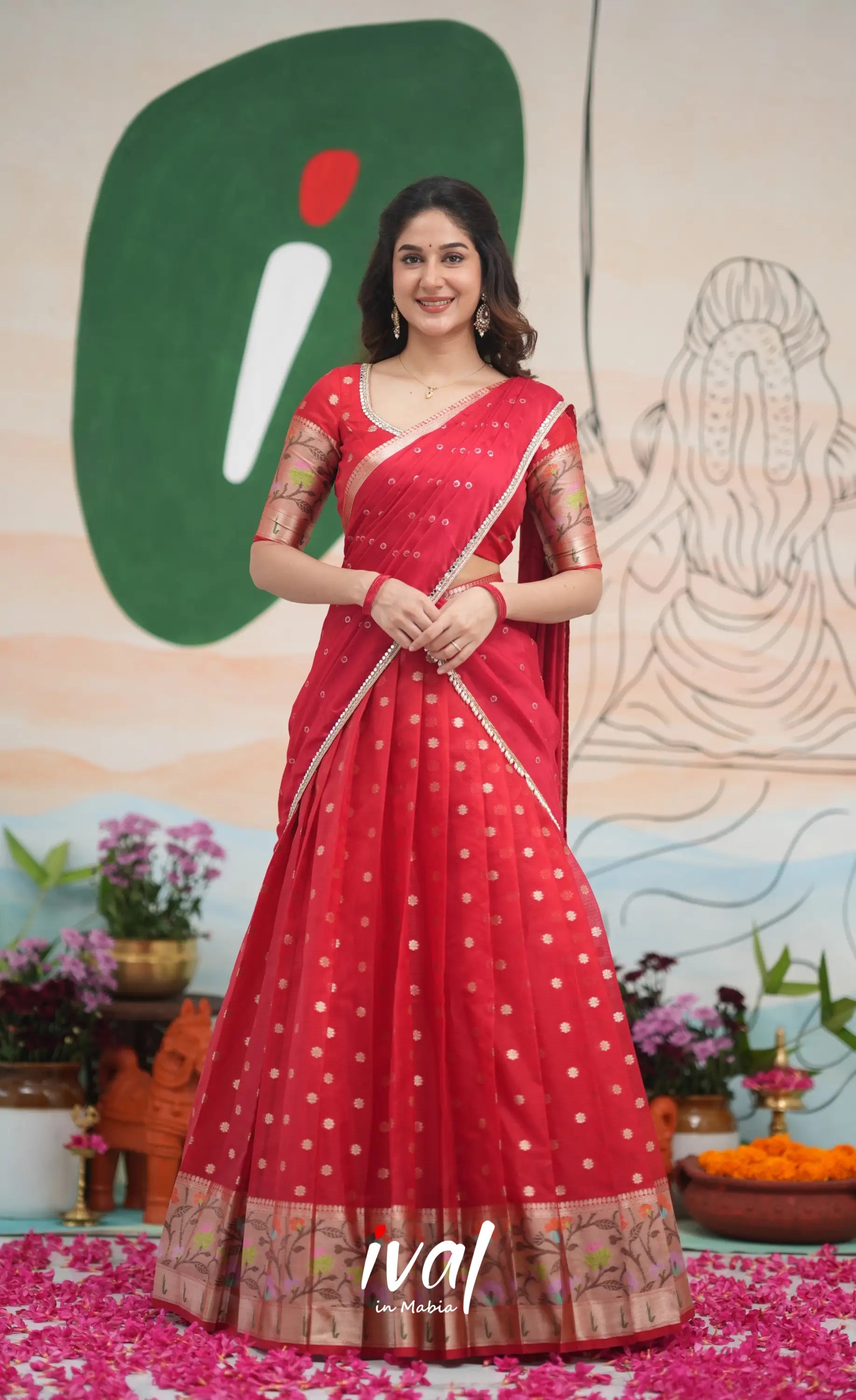 Sayuri Kota Halfsaree - Red Half Sarees