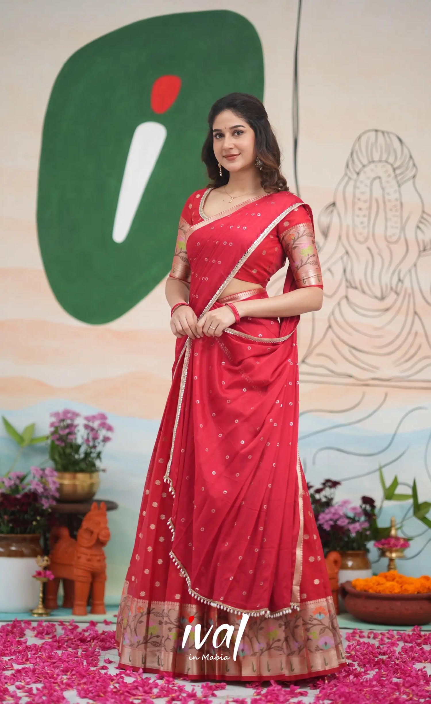 Sayuri Kota Halfsaree - Red Half Sarees