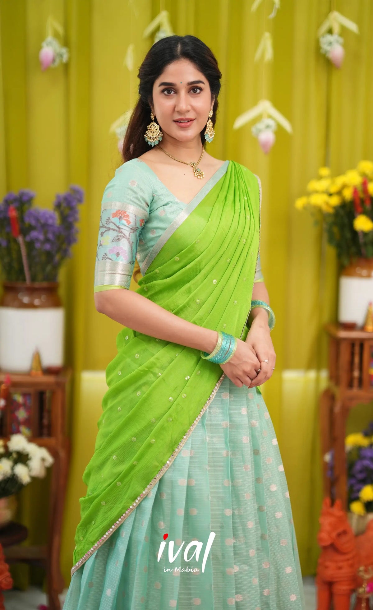 Sayuri Kota Halfsaree - Sea Green and Bright Leaf Green - Half Sarees