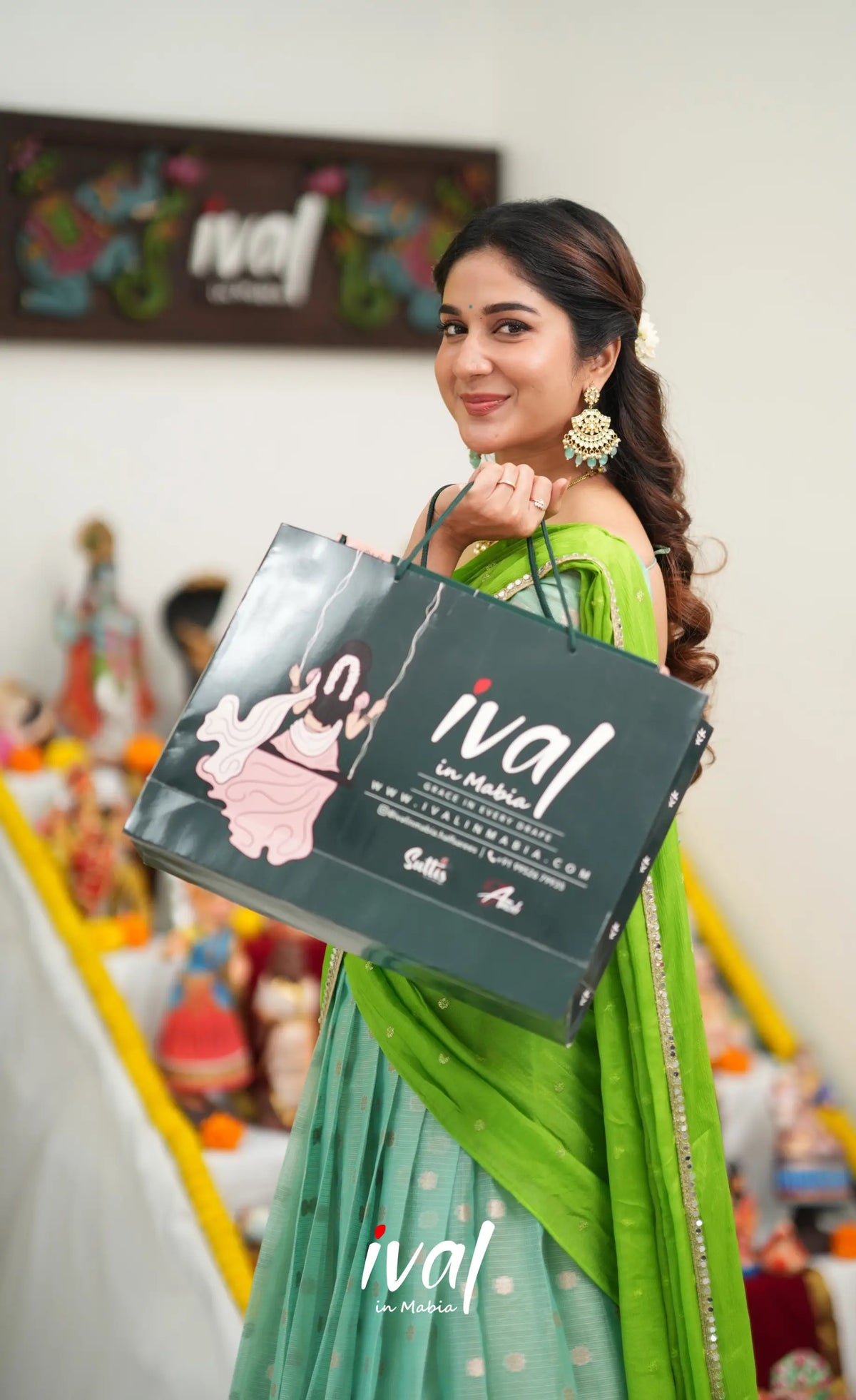 Sayuri Kota Halfsaree - Sea Green and Bright Leaf Green - Half Sarees