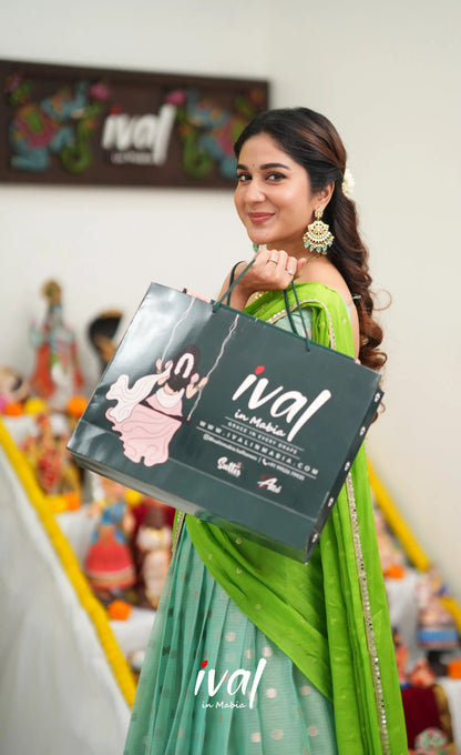 Sayuri Kota Halfsaree - Sea Green and Bright Leaf Green - Half Sarees