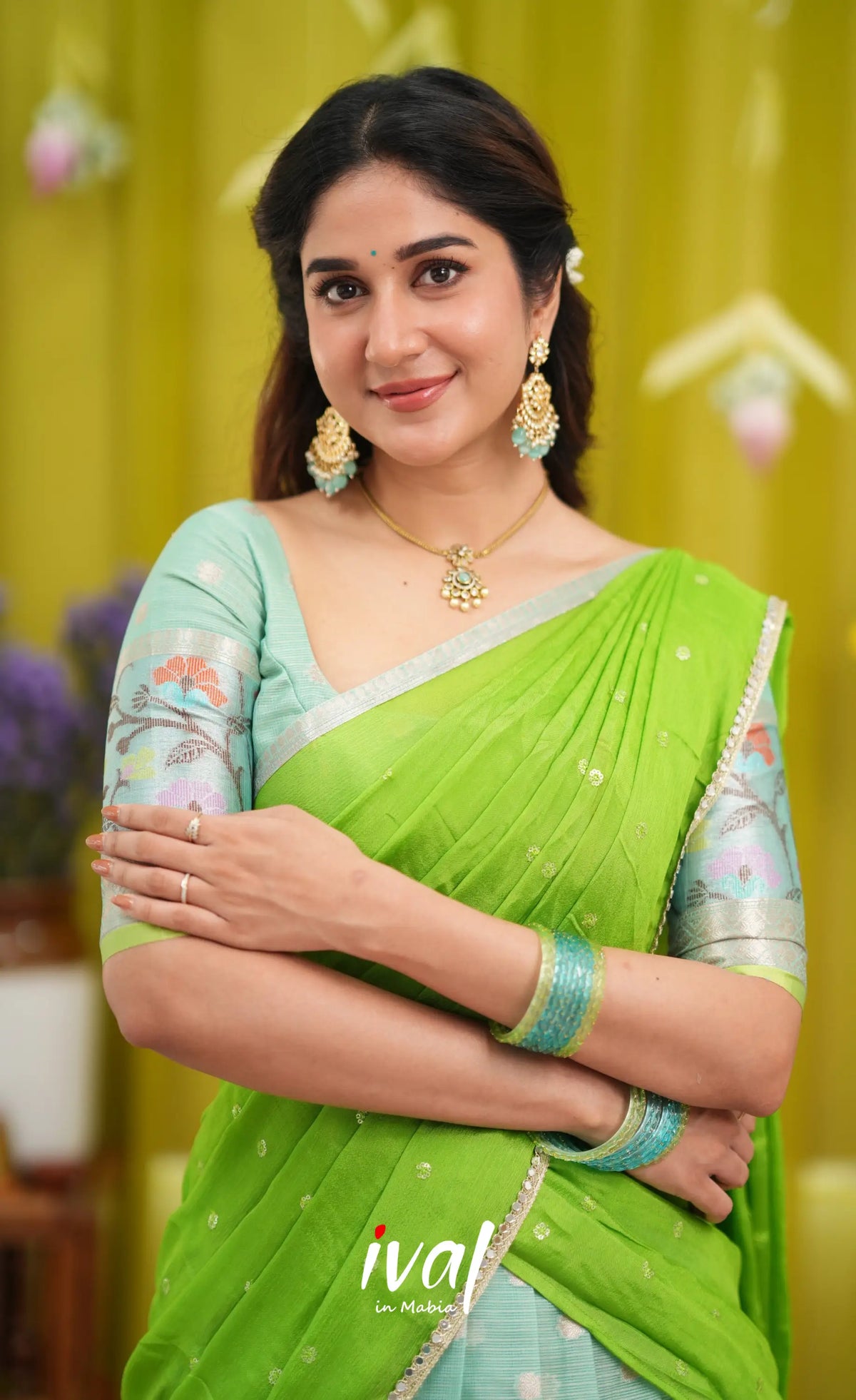 Sayuri Kota Halfsaree - Sea Green and Bright Leaf Green - Half Sarees
