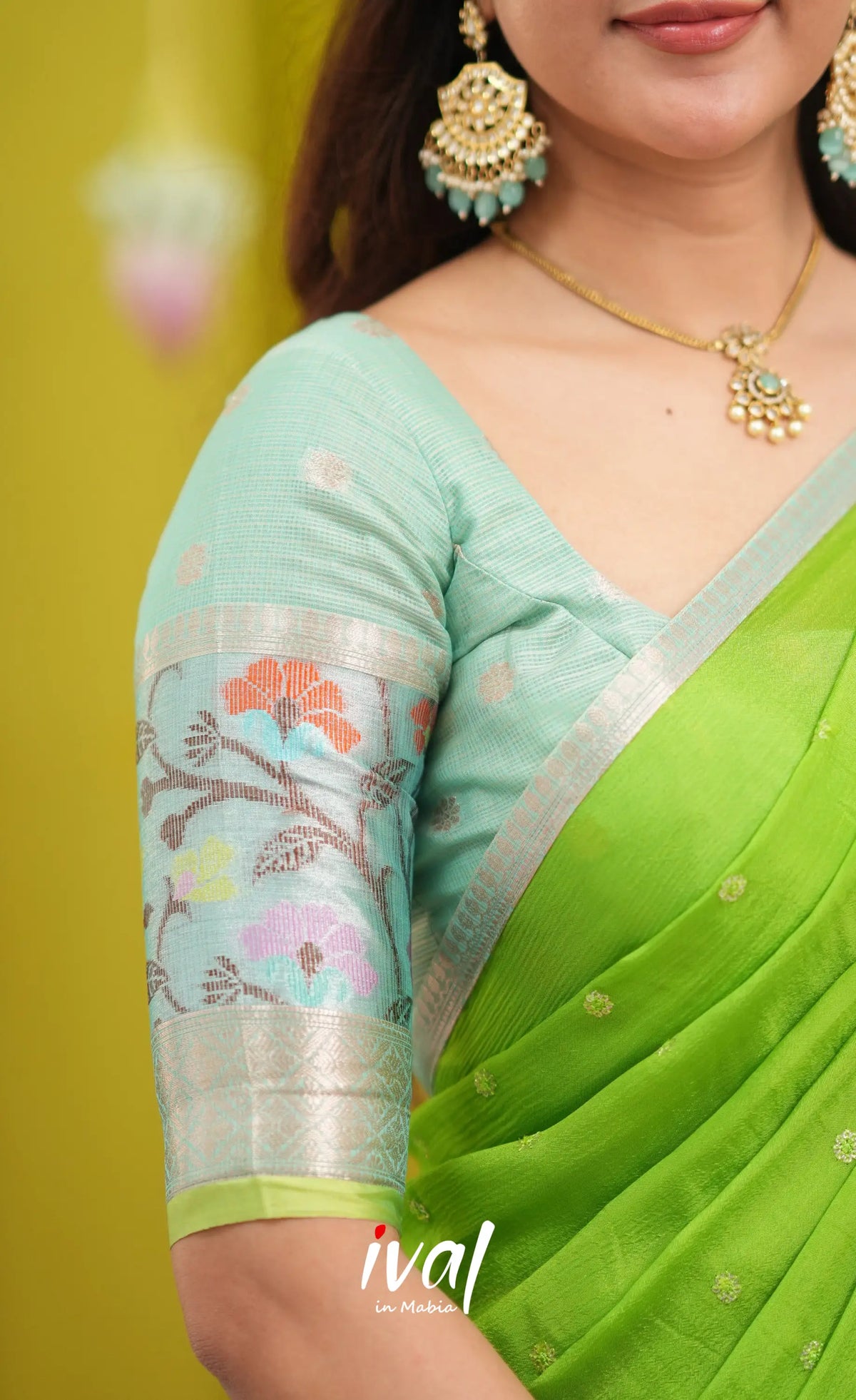 Sayuri Kota Halfsaree - Sea Green and Bright Leaf Green - Half Sarees