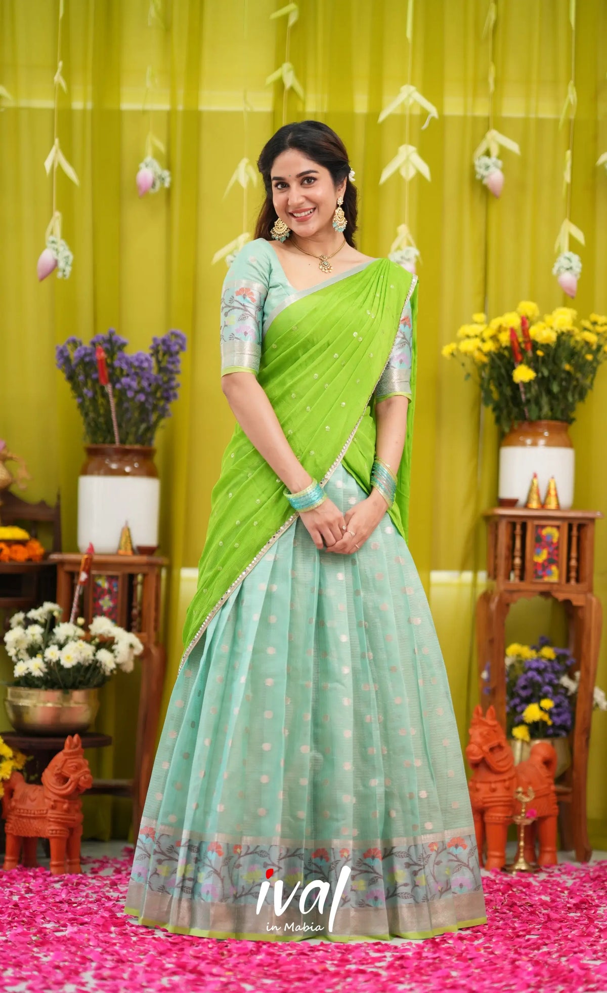 Sayuri Kota Halfsaree - Sea Green and Bright Leaf Green - Half Sarees