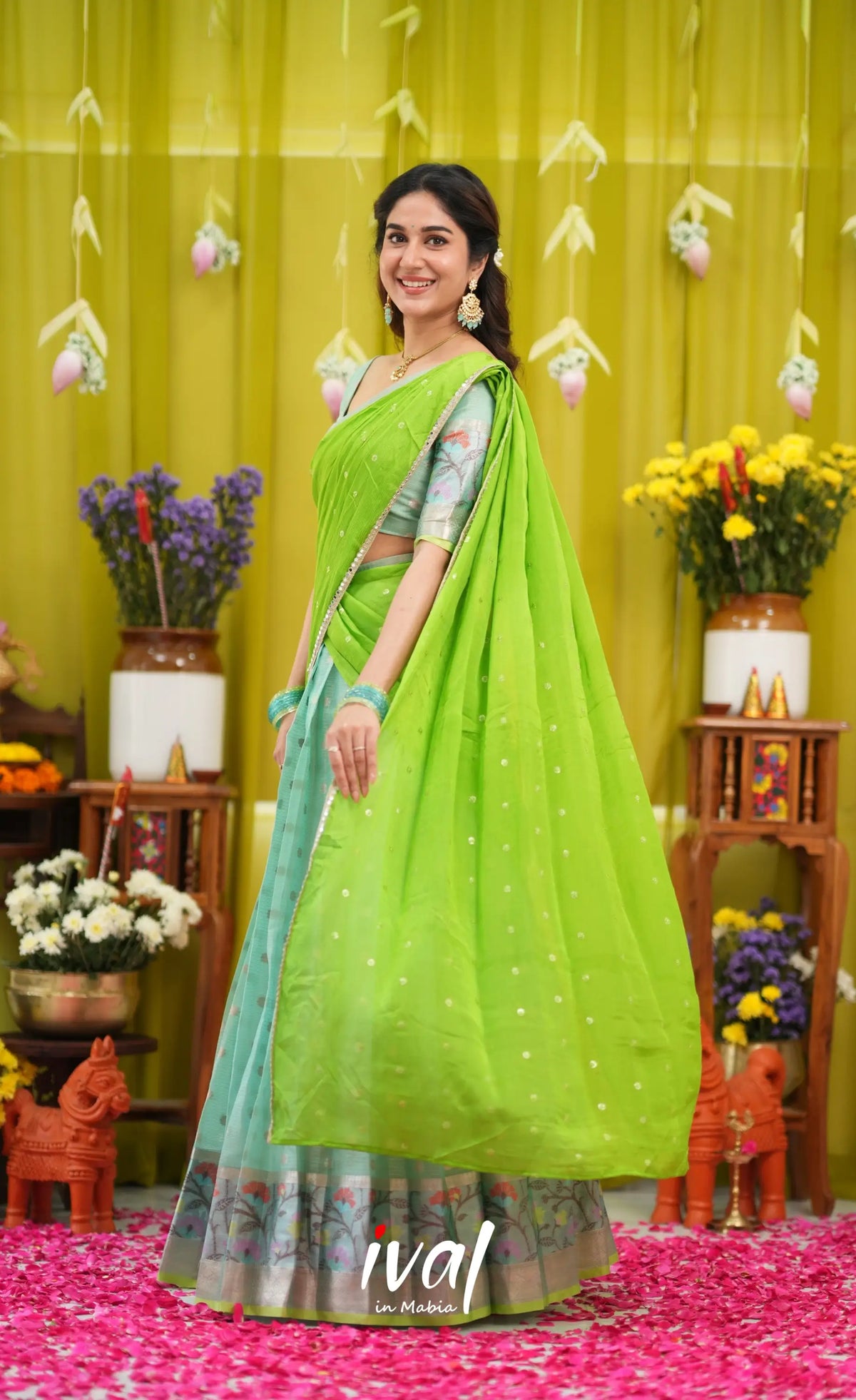 Sayuri Kota Halfsaree - Sea Green and Bright Leaf Green - Half Sarees