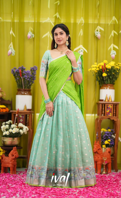 Sayuri Kota Halfsaree - Sea Green and Bright Leaf Green - Half Sarees