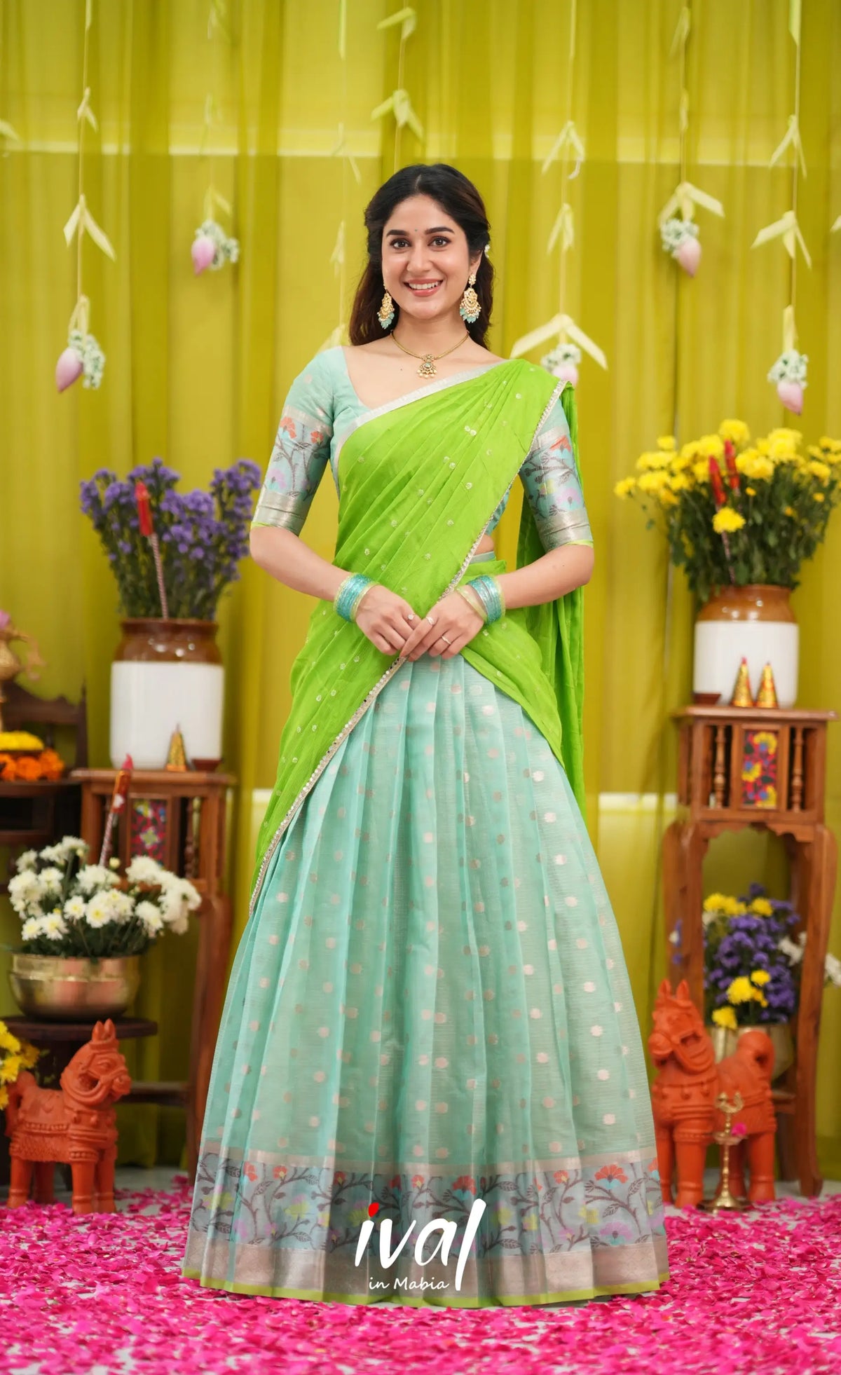Sayuri Kota Halfsaree - Sea Green and Bright Leaf Green - Half Sarees