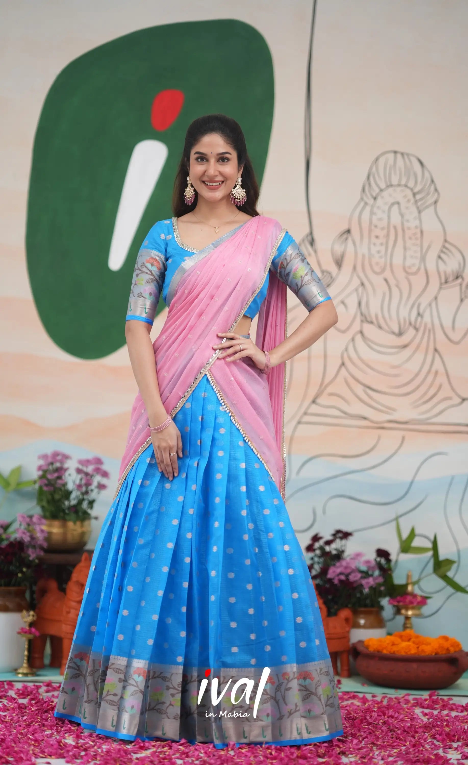 Sayuri Kota Halfsaree - Sky Blue and Baby Pink Half Sarees